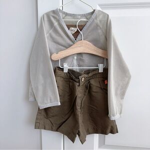 Gray Mesh Cardigan and Brown Shorts Set
